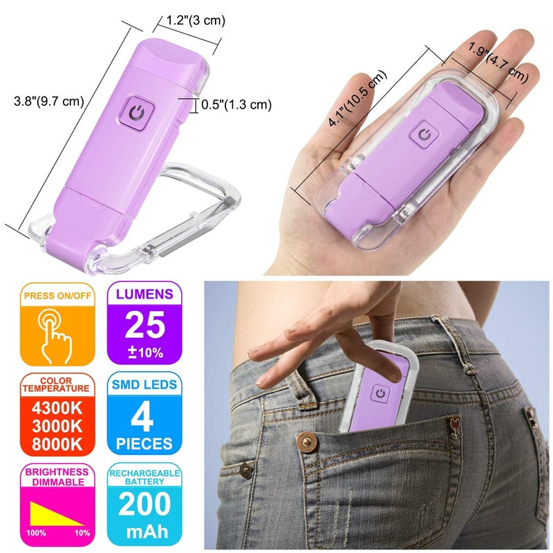 HONWELL Rechargeable Book Light, Clip On LED Reading Lights for Kids Reading in Bed, 3 Brightness Levels Dimmable Bookmark Light for Eye-Protection, Portable Reading Lamp for Bookworms, Travel(Violet) - Image 5